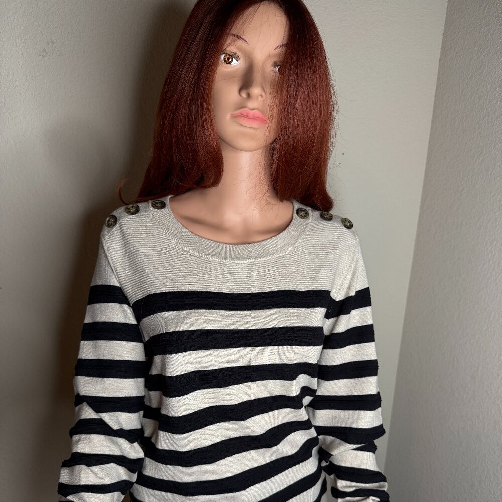 Liz Claiborne beautiful Striped Black and Cream Sweater with stylish buttons.
